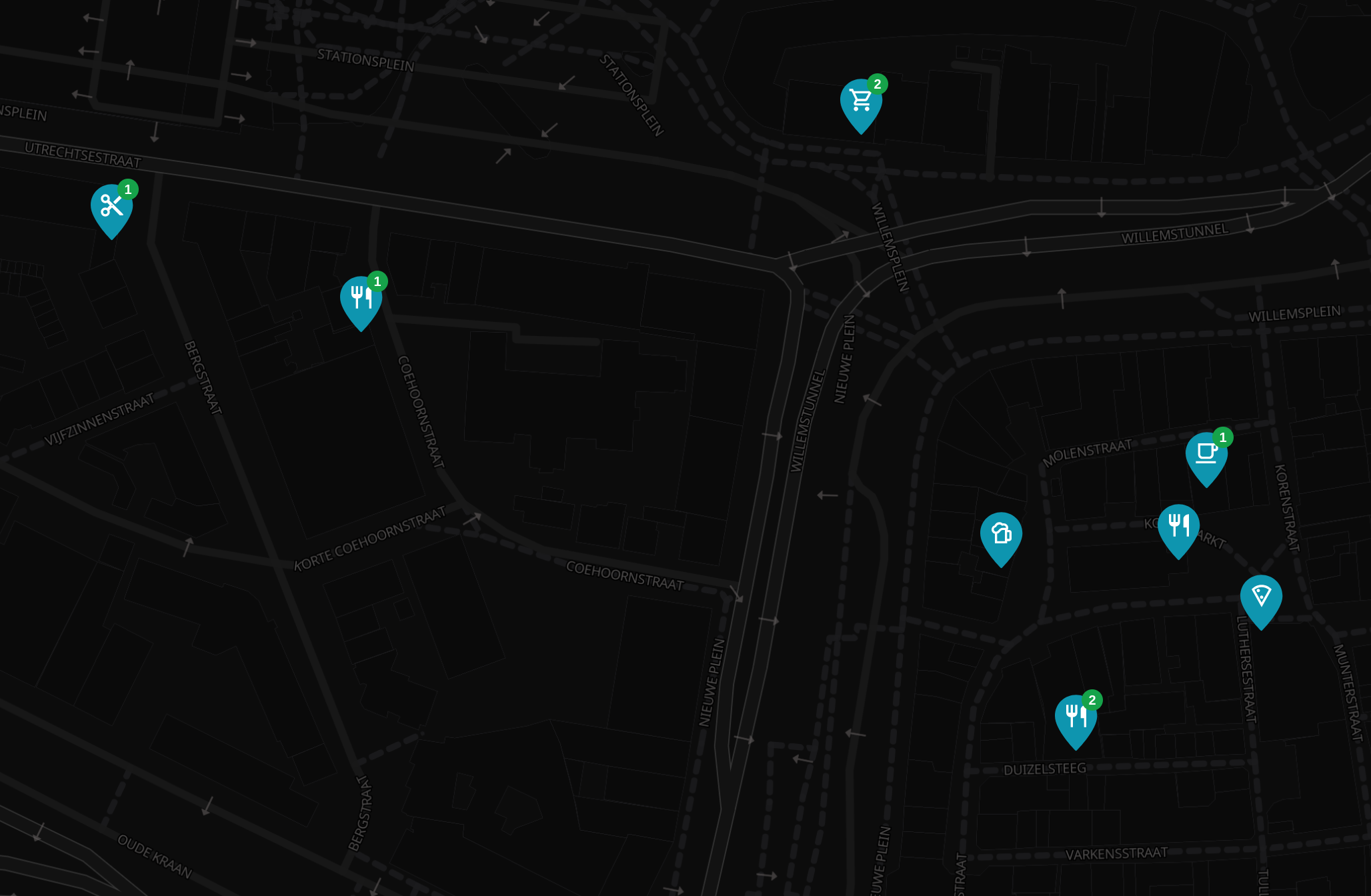 Map showing merchant pins with user comment numbers.