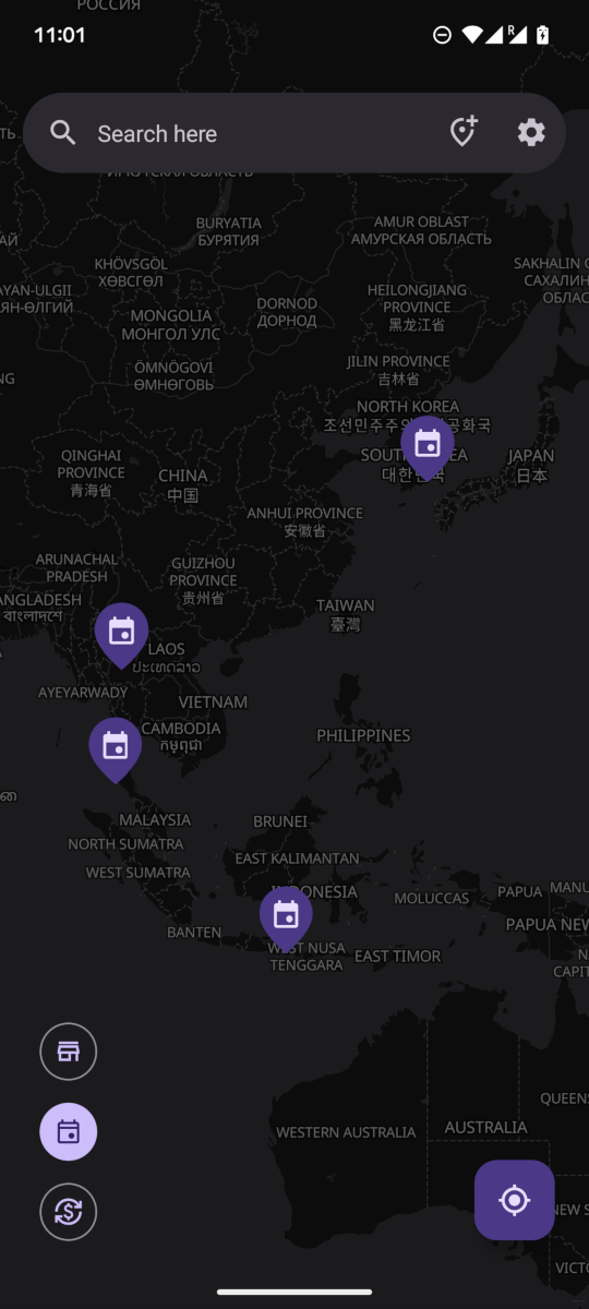 A few event pins displayed on the map